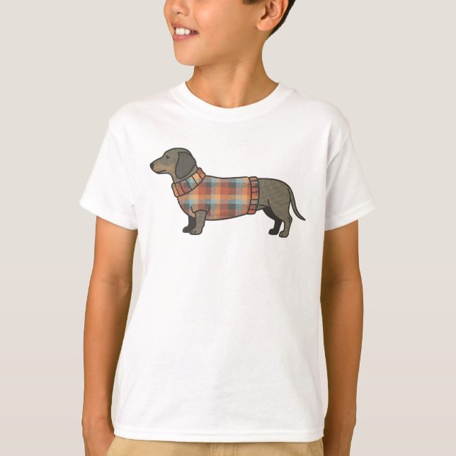 Camiseta Cute Dachshund in Plaid Sweater Dog Lover Kids T-S (Frente)