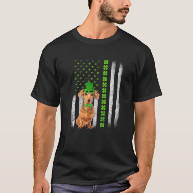 Camiseta Cute Dachshund Saint Patrick's Day American Flag D (Frente)