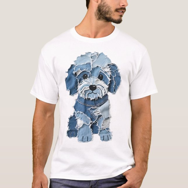 Camiseta Cute Denim Patchwork Dog Illustration (Frente)