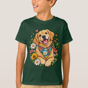 Camiseta Cute Desenho Digital de Golden Retriever Floral co