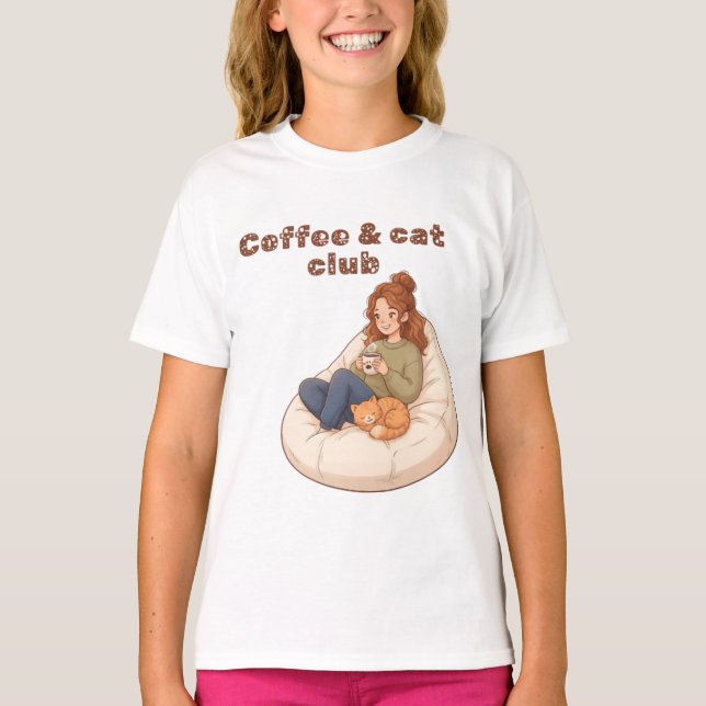 Camiseta Cute design de café & Clube de Gatos  (Frente)