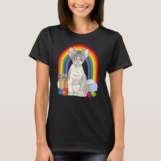 Camiseta Cute Devon Rex Cat Rainbow Felz pascoa Coelho (Frente)