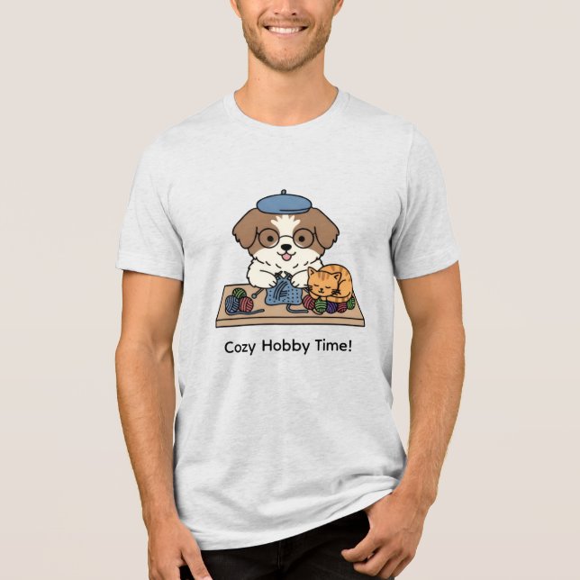 Camiseta Cute Dog and Cat Knitting Together Graphic Design (Frente)