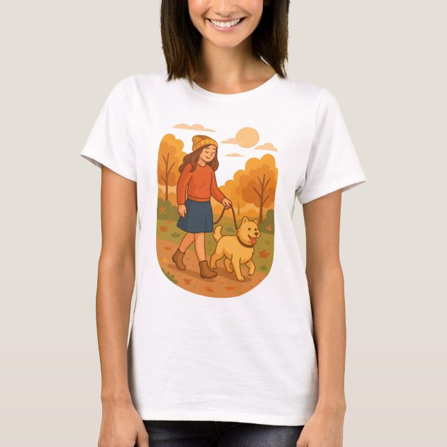 Camiseta Cute Dog Mom Walking Pup in Cozy Forest  (Frente)