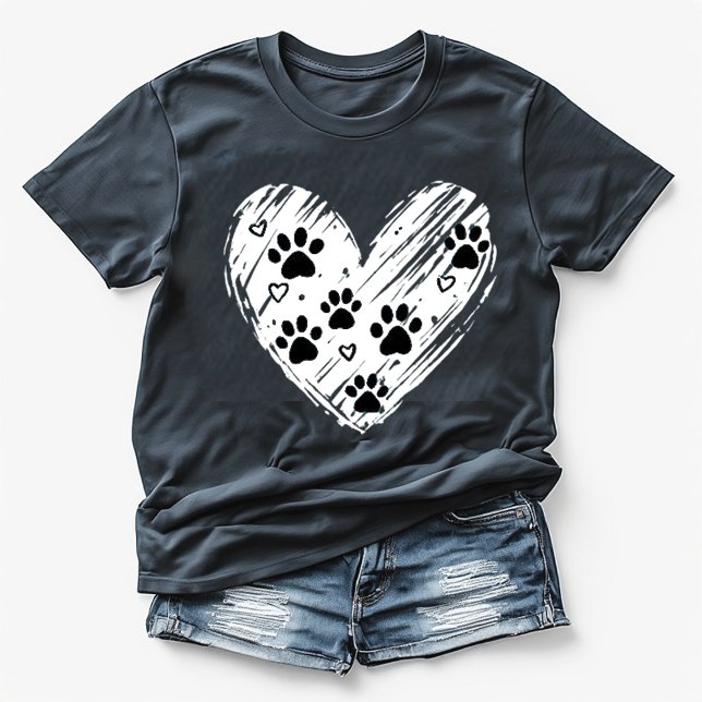 Camiseta Cute Dog Paw Prints Brushstroke Heart Black  (Criador carregado)