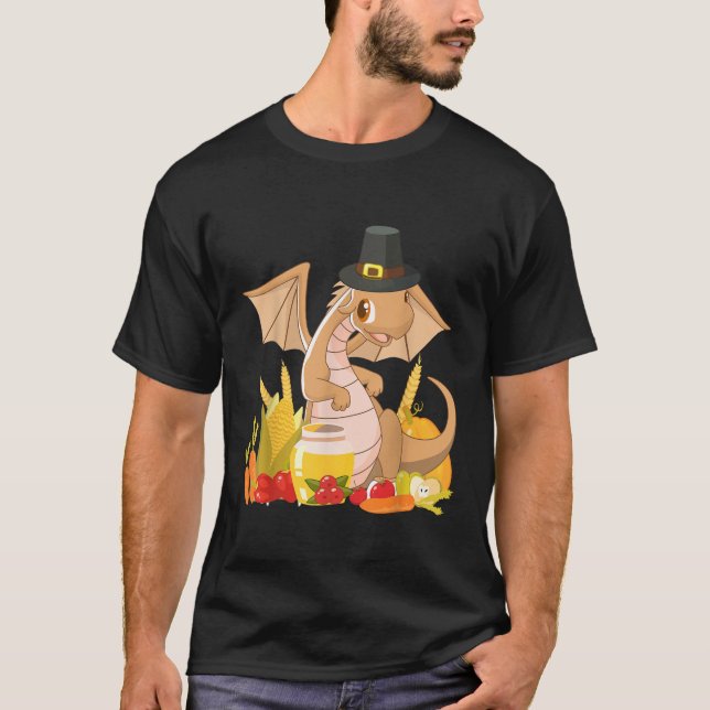 Camiseta Cute Dragon Pilgrim Happy Thanksgiving Holiday Aut (Frente)