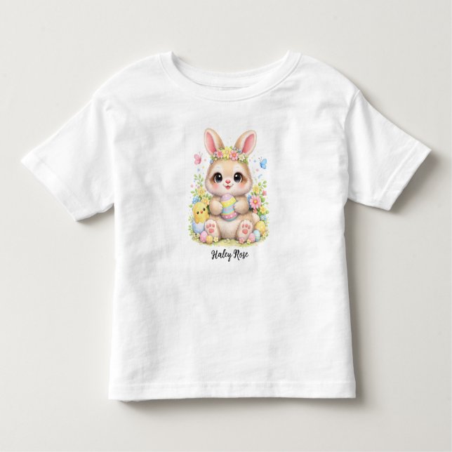 Camiseta Cute Easter Bunny Holding Eggs with Flowers (Frente)