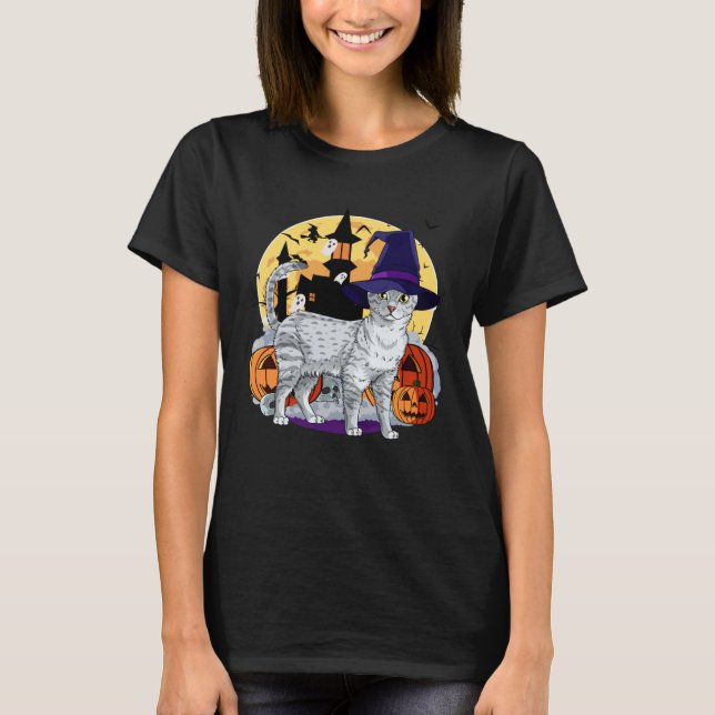 Camiseta Cute Egyptian Mau Cat Halloween Witch Pumpkin (Frente)