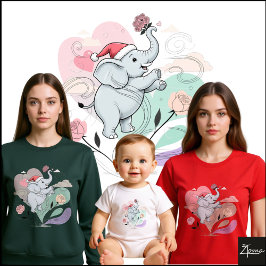 Camiseta Cute Elephant Santa Hat Rose Pastel
