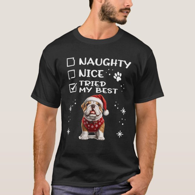 Camiseta Cute English Bulldog dog Dog Christmas Naughty Nic (Frente)