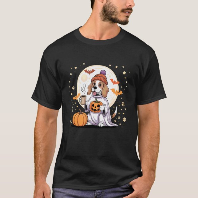 Camiseta Cute Fantasma Beagle Abóbora Drinks Beanie Outono  (Frente)