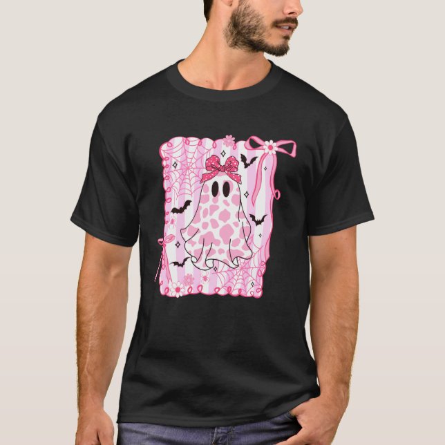Camiseta Cute Fantasma Coquette Laço Rosa Impressão de Vaca (Frente)