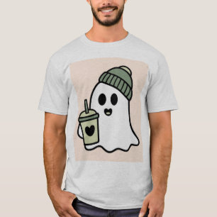 Camiseta Cute Fantasma Verde Gorro Café Gelado Minimalista