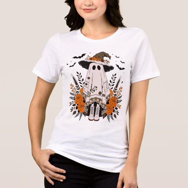 Camiseta Cute Floral Ghost Witch Hat Halloween (Frente)