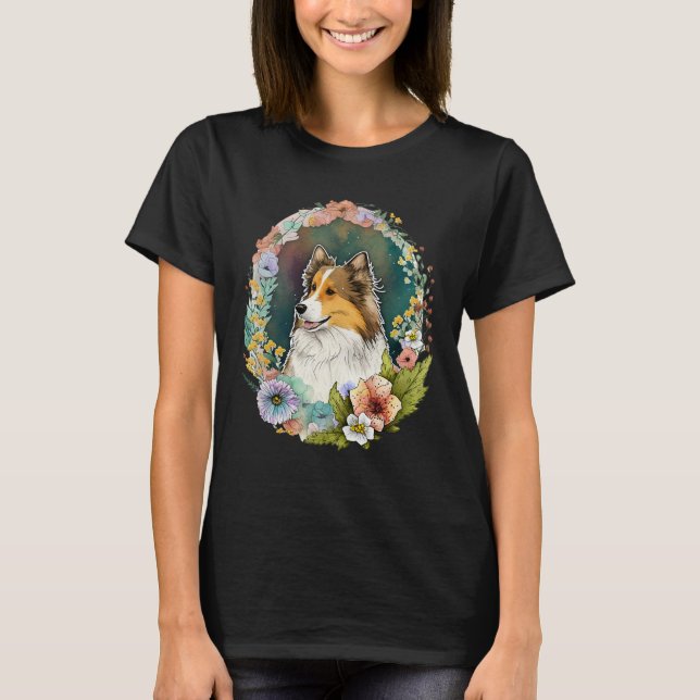 Camiseta Cute Flower Sheltie summer Floral Shetland Sheepdo (Frente)