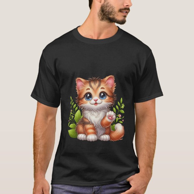Camiseta Cute Fluffy Ginger Cat Waving Hello Art ✨🐾🌿 (Frente)