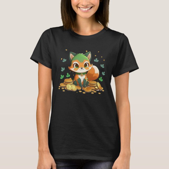 Camiseta Cute Fox and Gold Coins St Patrick s Day Fox   1 (Frente)