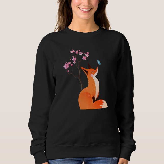 Camiseta Cute Fox Shirt Japanese Cherry Flower And Butterfl (Frente)