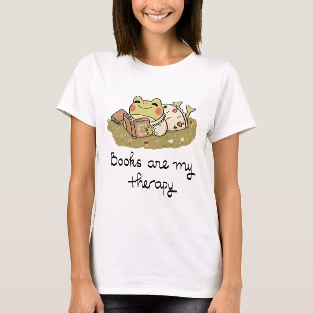 Camiseta Cute Frog Reading - Books Are My Therapy (Frente)