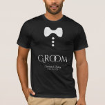 Camiseta Cute Fun Groom White Tie Mock Tuxedo Wedding<br><div class="desc">These fun t-shirts are designed especially for the groom. The t-shirt is black and features an image of a white bow tie and three buttons. The text reads Groom, and has a place for the wedding couple's name and wedding date. Great for a fun wedding rehearsal, bachelor party or other...</div>