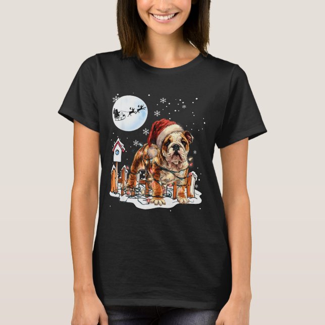 Camiseta Cute Funny English Bulldog Christmas Lights Santa  (Frente)