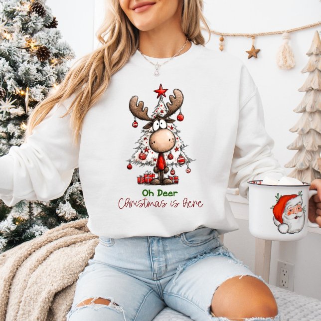 Camiseta Cute Funny Reindeer “Oh Deer, Christmas Is Here”  (Criador carregado)