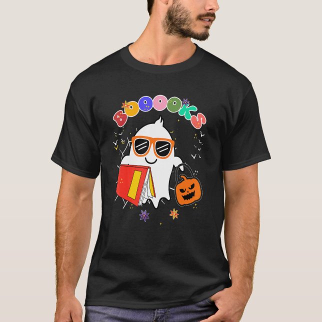 Camiseta Cute Ghost Book Reading Teacher School  Halloween  (Frente)