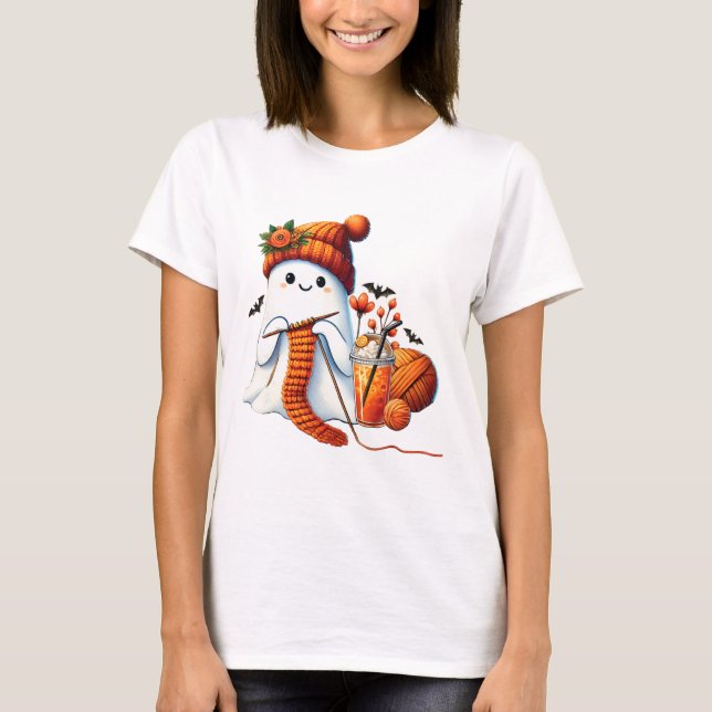 Camiseta Cute Ghost Crochet Knitting Amante Café de Hallowe (Frente)