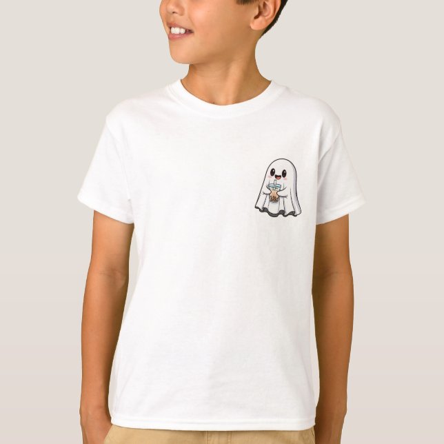Camiseta Cute Ghost Holding Boba Tea Kids (Frente)