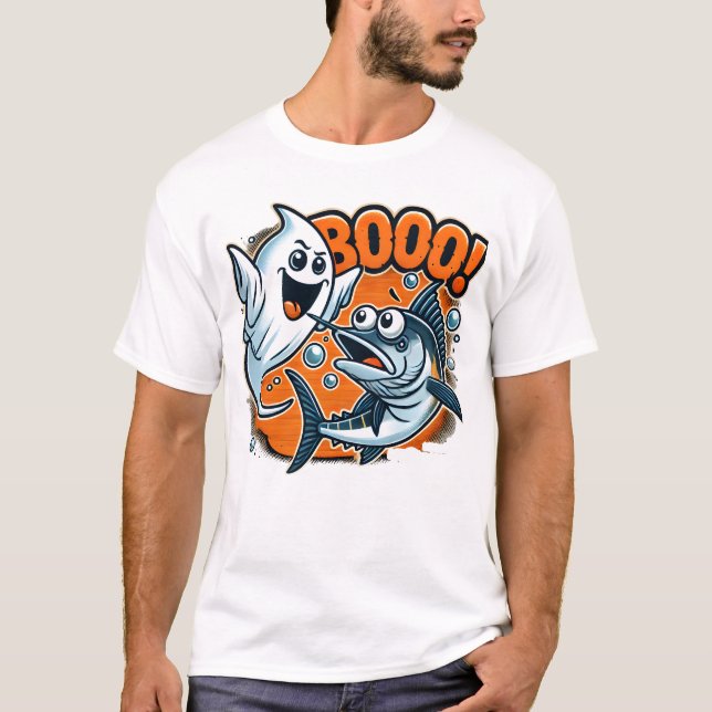 Camiseta Cute Ghost Scaring Fish Funny Halloween (Frente)