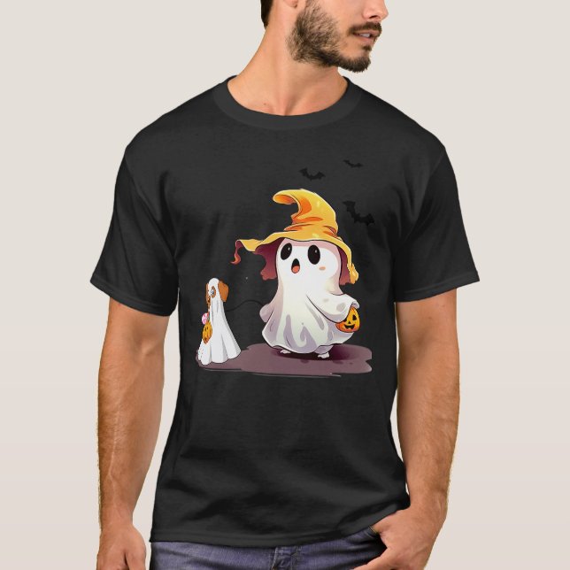 Camiseta Cute Ghost Walking Dog Ghost Dog Halloween Night F (Frente)