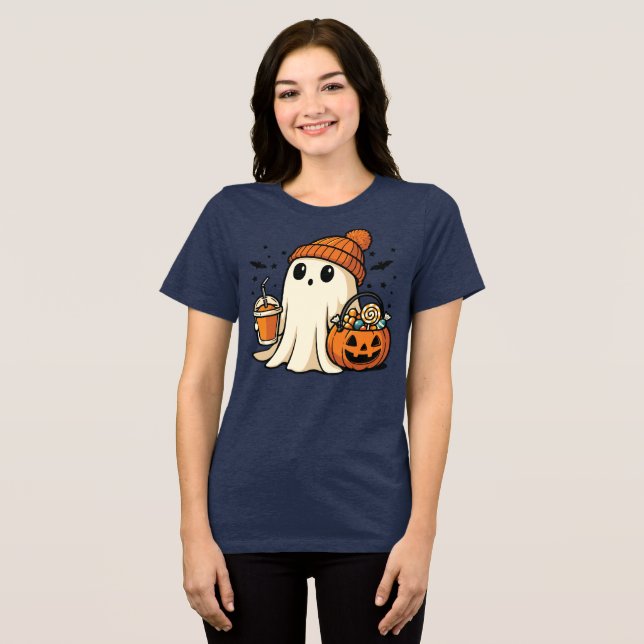 Camiseta Cute Ghost with Candy & Pumpkin Drink (Frente Completa)