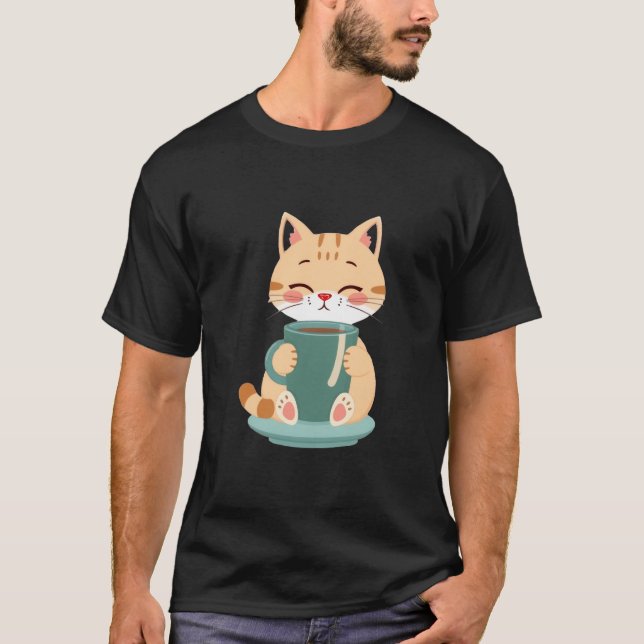 Camiseta Cute Ginger Cat Hugging Cozy Coffee Teal Mug ✨🐾☕ (Frente)