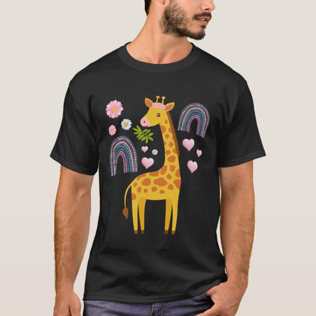 Camiseta Cute Giraffe Flowers Hearts Rainbows Animal Lover (Frente)