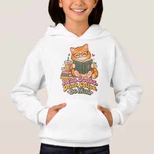 Camiseta Cute Gordinho Gato Lendo Livro e Café Kids Hoodi