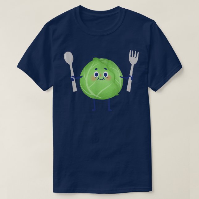 Camiseta Cute Green Cabbage Vegetable Holding Fork and Spoo (Frente do Design)
