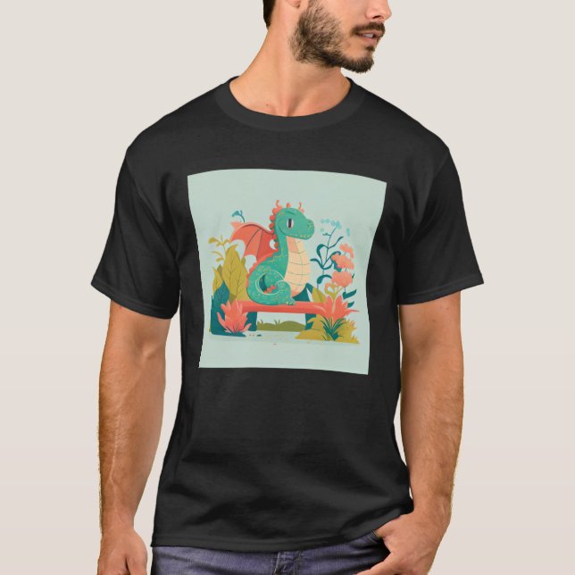 Camiseta Cute Green Dragon sitting on bench in a garden for (Frente)