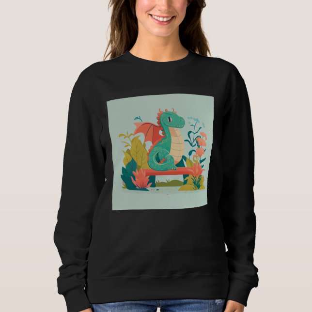 Camiseta Cute Green Dragon sitting on bench in a garden for (Frente)