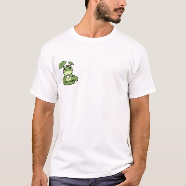 Camiseta Cute Green Frog Wearing Crown Drinking Coffee (Frente)