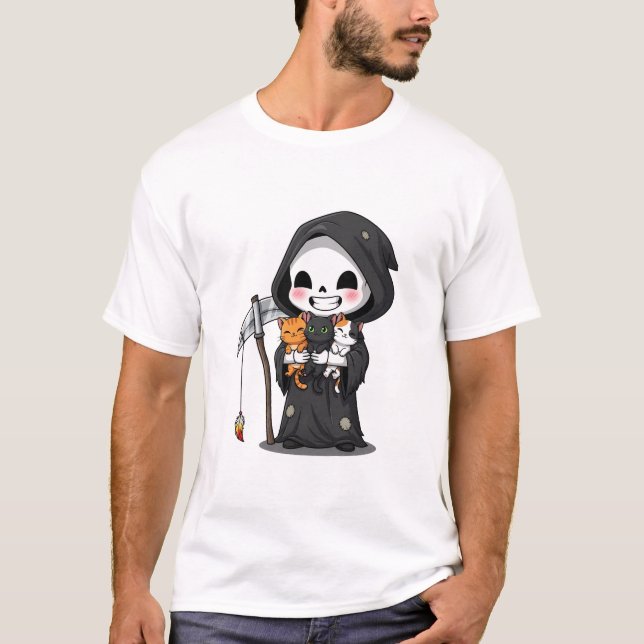 Camiseta Cute Grim Reaper Holding Three Cats Cartoon (Frente)