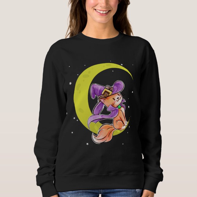 Camiseta Cute Halloween Cat Costume Witch Hat and Moon (Frente)