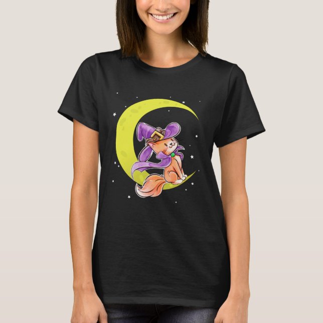 Camiseta Cute Halloween Cat Costume Witch Hat and Moon (Frente)