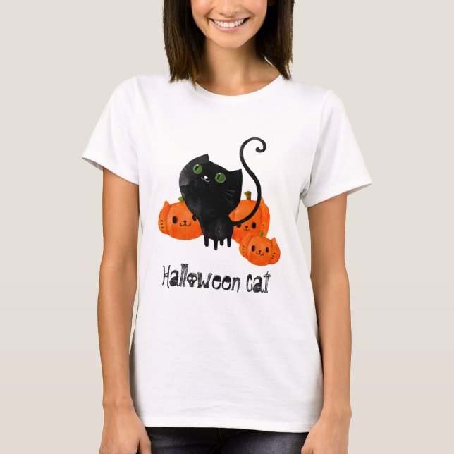 Camiseta Cute Halloween cat with pumpkins (Frente)
