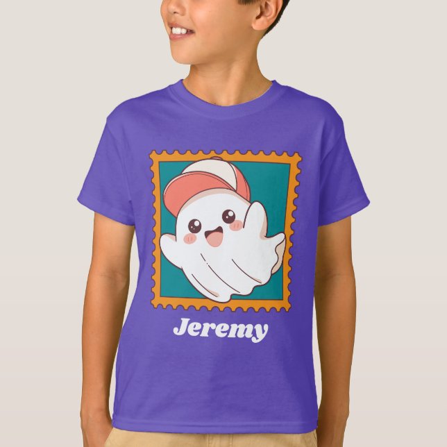 Camiseta Cute Halloween Ghost Baseball Cap Kids Name (Frente)