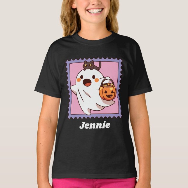 Camiseta Cute Halloween Ghost Black Cat Pumpkin Add Name (Frente)