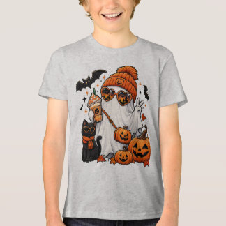Camiseta Cute Halloween Ghost & Black Cat – Spooky Autumn