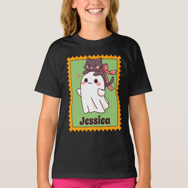 Camiseta Cute Halloween Ghost Custom Name Stamp (Frente)