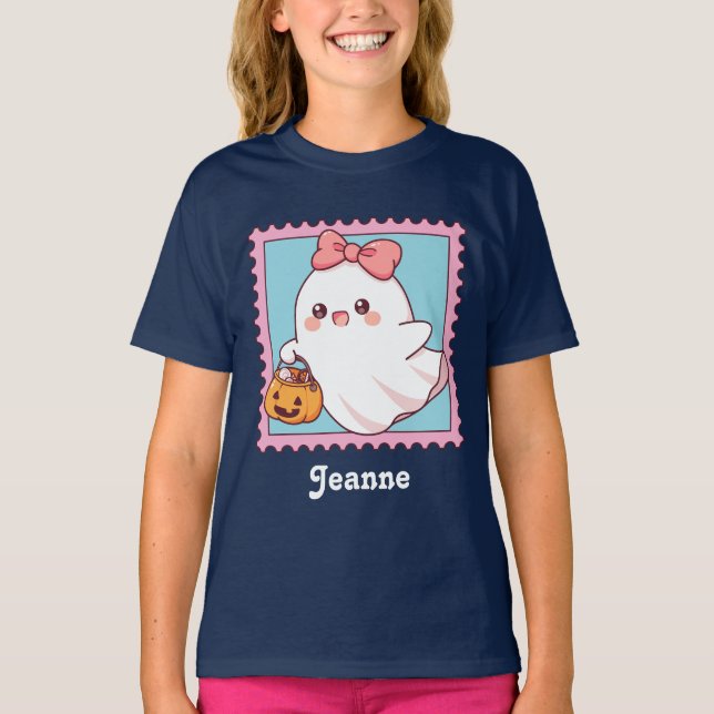 Camiseta Cute Halloween Ghost Pink Coquette Bow Kids (Frente)