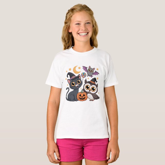 Camiseta Cute Halloween KidsCat Owl  Tee (Frente Completa)