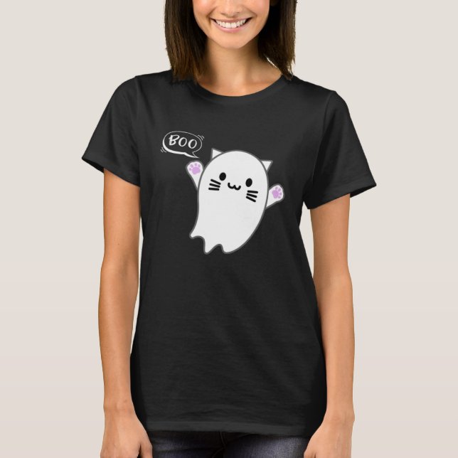 Camiseta Cute Halloween Kitten Cat Flying Ghost Boo Costume (Frente)